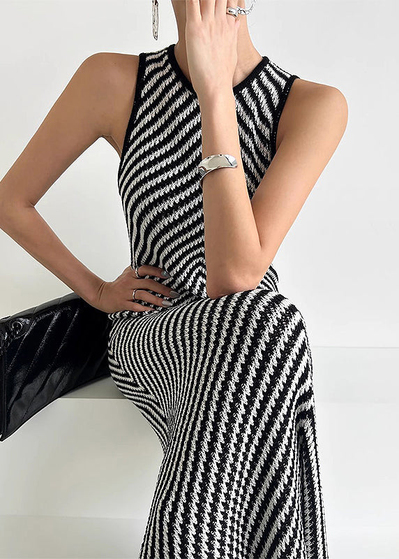 Ankle Striped Black Silm Sleeveless Fit Knit Dress