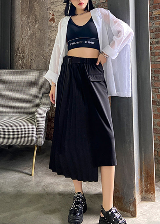 Loose Black Asymmetrical Patchwork Cotton Pleated Skirt Summer AJ1012