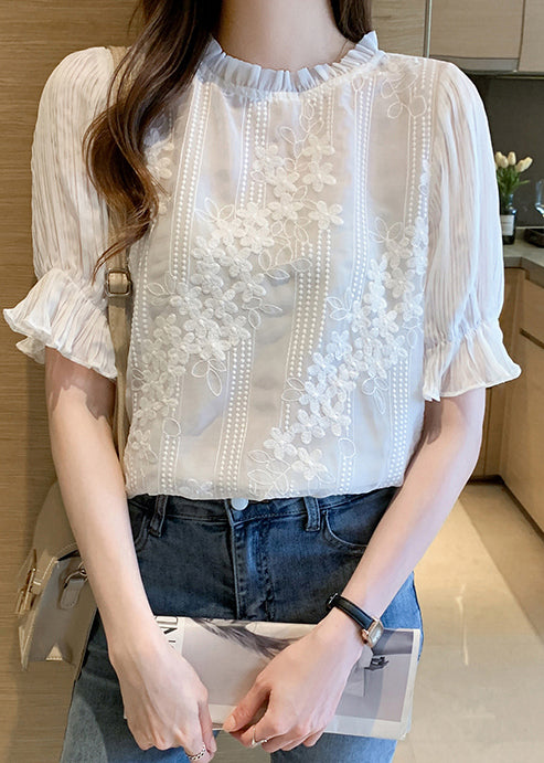 Embroidered White Chiffon Shirts Floral Bohemian Summer