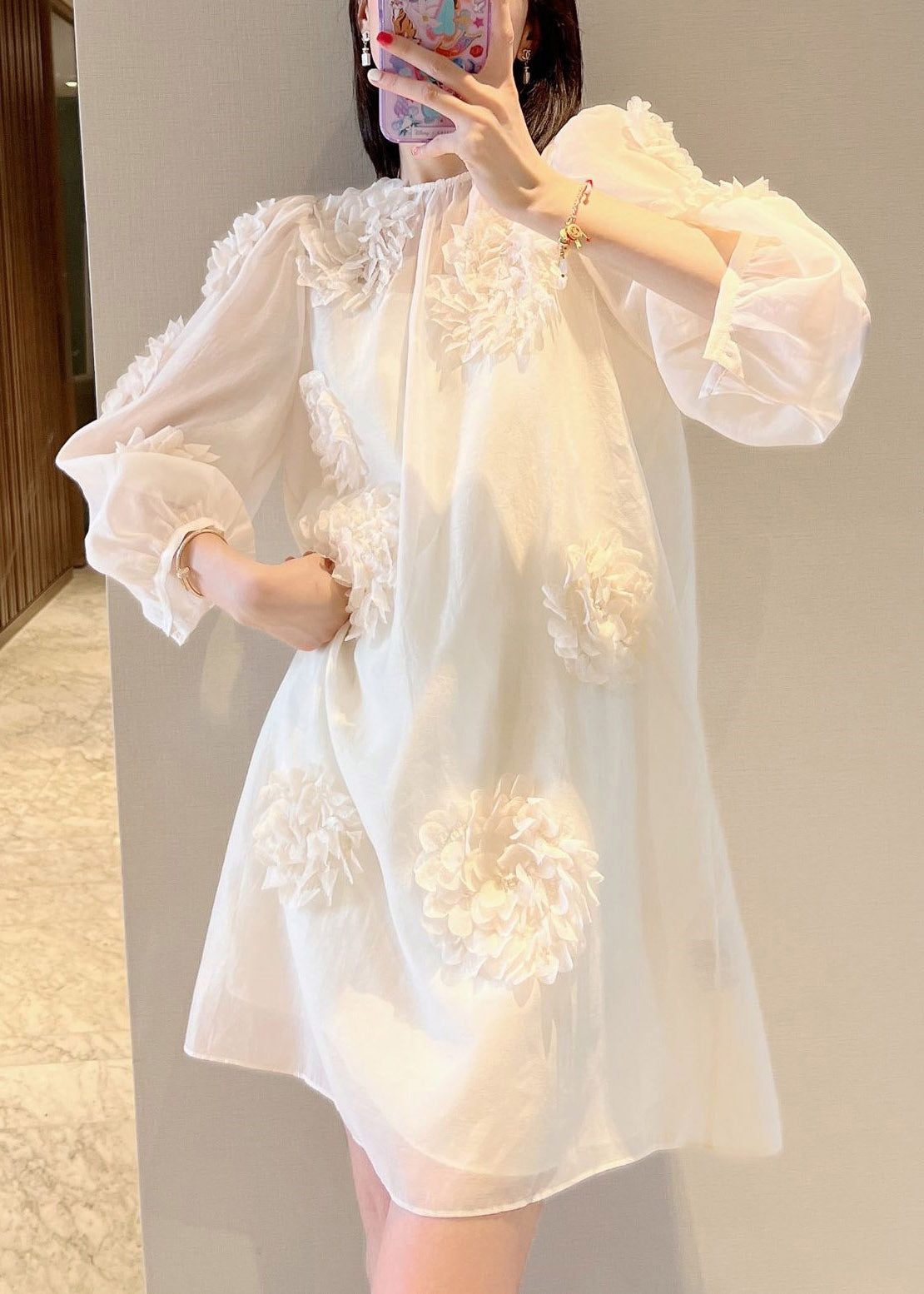 Loose Pink O-Neck Floral Mid Dress Long Sleeve EE007