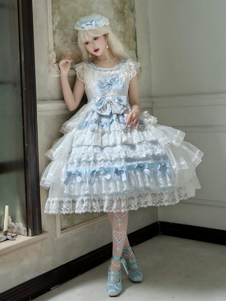 White Decoration and Blue Tiered Lolita Dress Hime Skirt Bows Hanayome