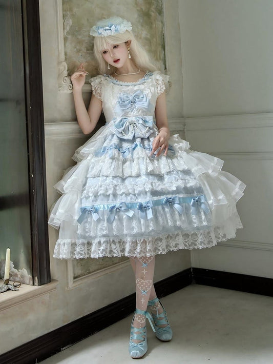 Set Hanayome JSK Dress Bows Decoration Full Blue White Skirt Tiered Hime Lolita and