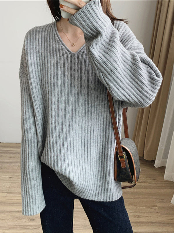 Vintage Caramel V-Neck Long Sleeves Striped Knit Sweater QX001