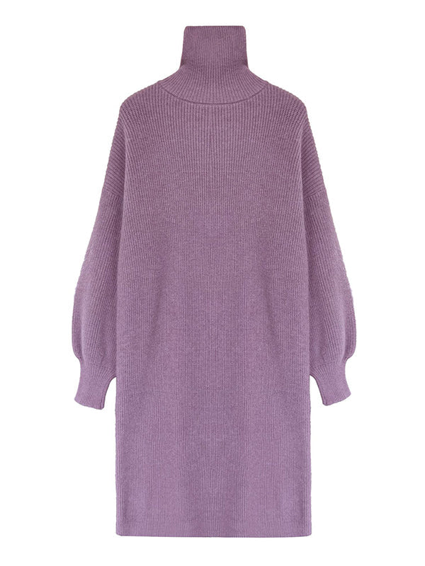 Urban Loose Purple High-Neck Long Puff Sleeve Sweater Dress AN1052