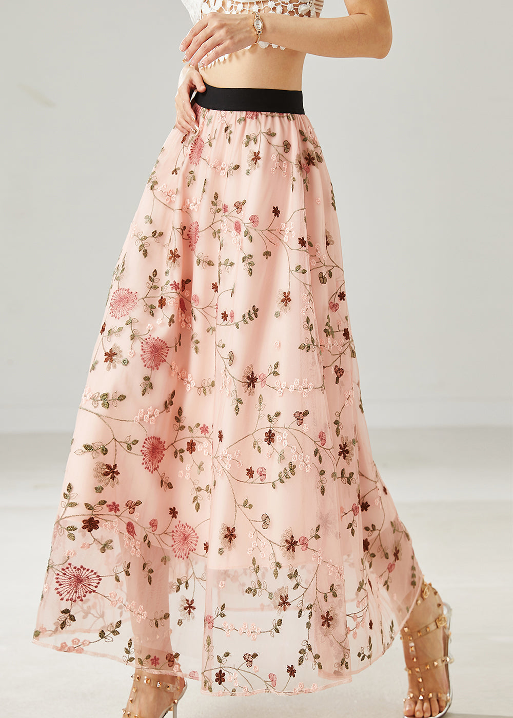 Pink Tulle A Line Skirts Embroidered Summer AZ1036