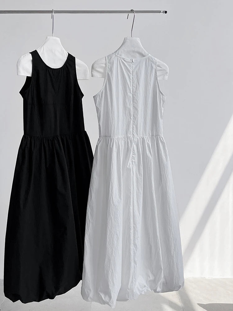 Simple Blue Puff Patchwork Dress Sleeveless O-neck Hem