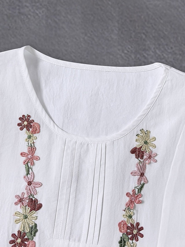 Women's Shirt Blouse Ruched Patchwork Embroidered Floral