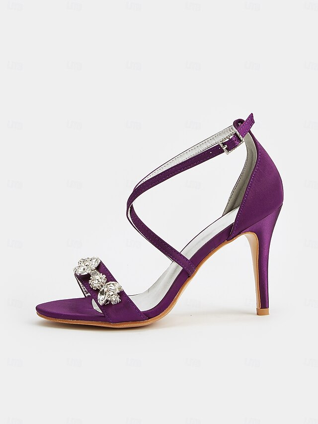 with Stiletto Rhinestone Heels Satin Women's Purple Straps