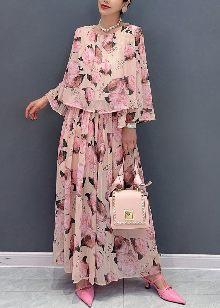 Edler rosa Chiffon-Zweiteiler mit Rundhalsausschnitt und Print, Damenbekleidung, Sommer, AO1010 