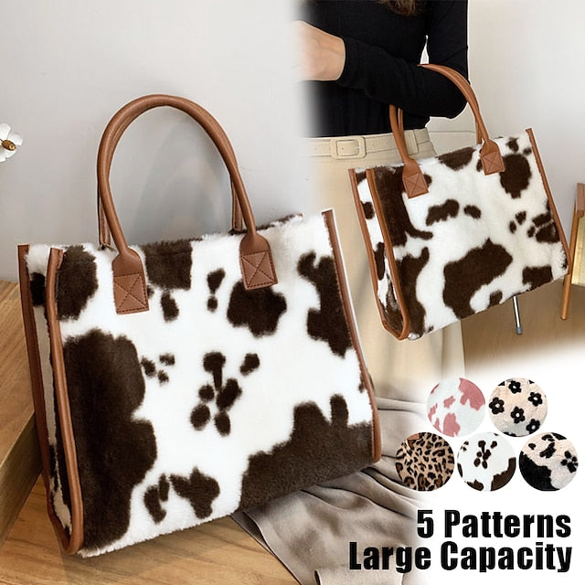 Brown Bag Leather Fur with Women's Print Faux Tote Leopard