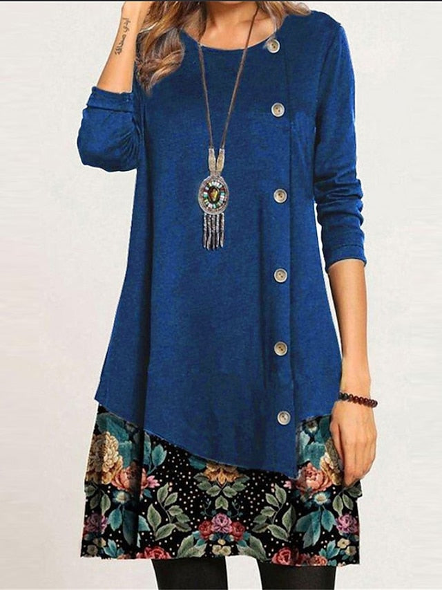 Women's Floral Button Print Crew Neck Mini Dress Daily