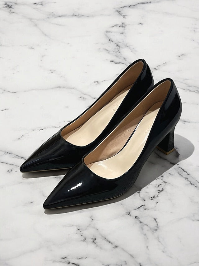 Pointed-Toe Heel Block Leather Patent Pumps Green Faux Glossy