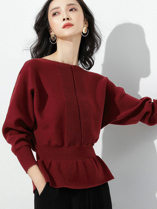 Elegant Red Boat Neck Tunic Ruffled Hem Long Sleeve Sweater AN1040