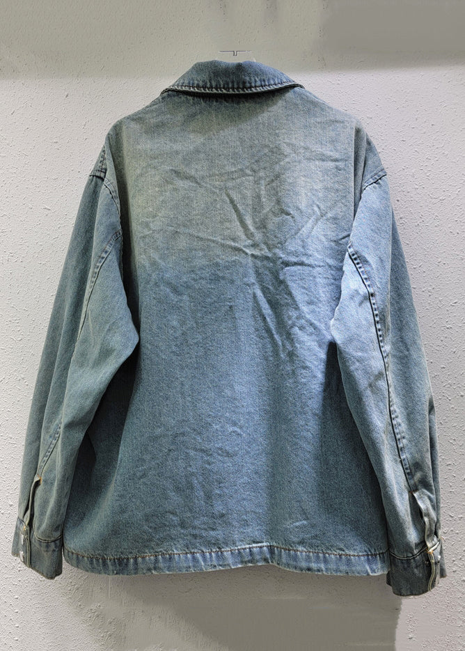 Button New Pan Denim Blue Bow Collar Coat Peter Spring