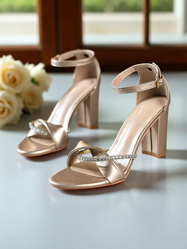 Ankle Gold Open-Toe Strap - Sandals Heel Women's PU Block