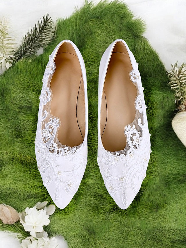 and Wedding Lace Floral White Design Appliqué Shoes with Mesh