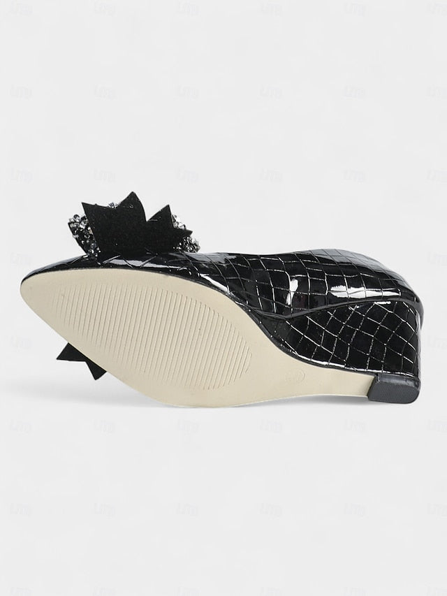 Patent Black with Bow Women's Heels Leather Wedge Glitter