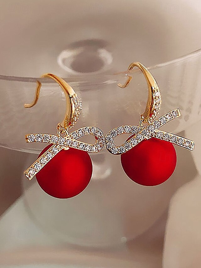 Bow Women's with Rhinestone Earrings Pearl Christmas and