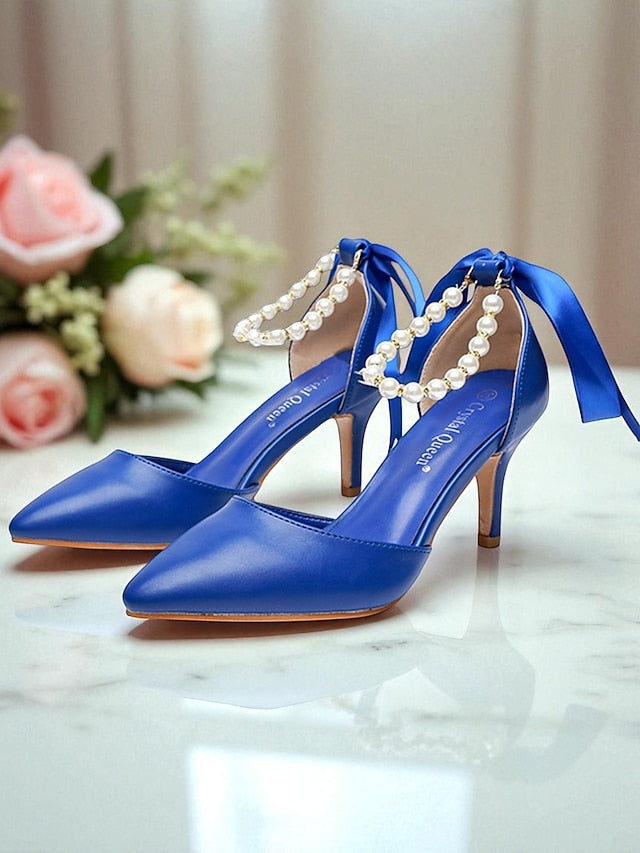 Pearl Bow Ankle Blue Women's - Pumps Strap with Heel Kitten