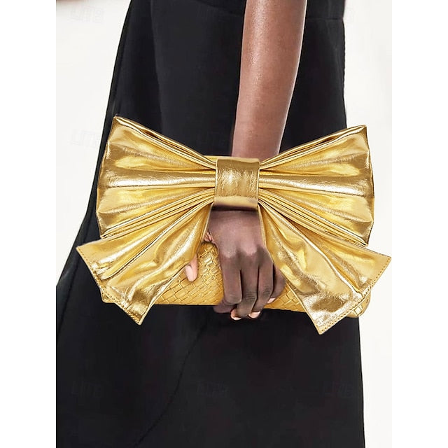 Women's Bag Leather Clutch with Gold Bow Oversized Faux
