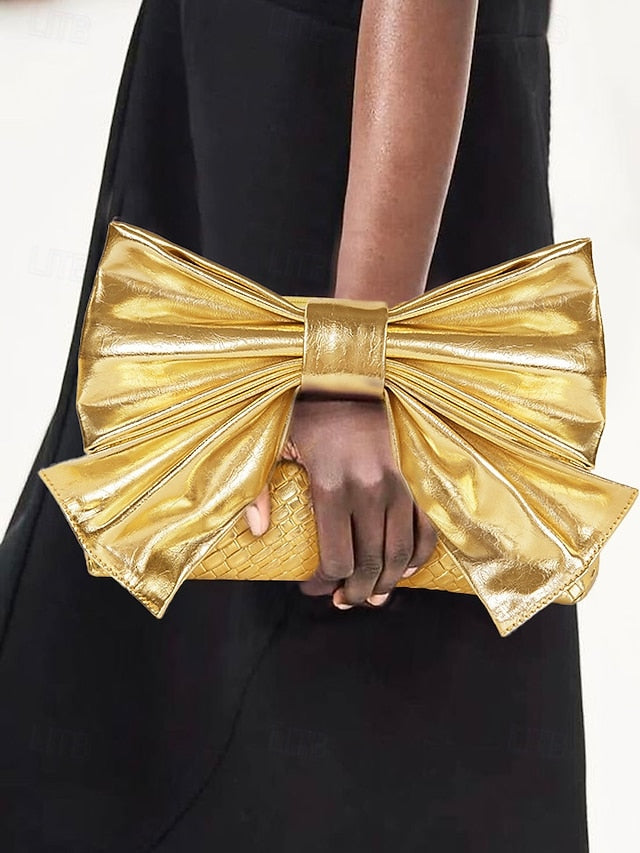 Oversized with Clutch Bow Faux Leather Gold Bag Women's