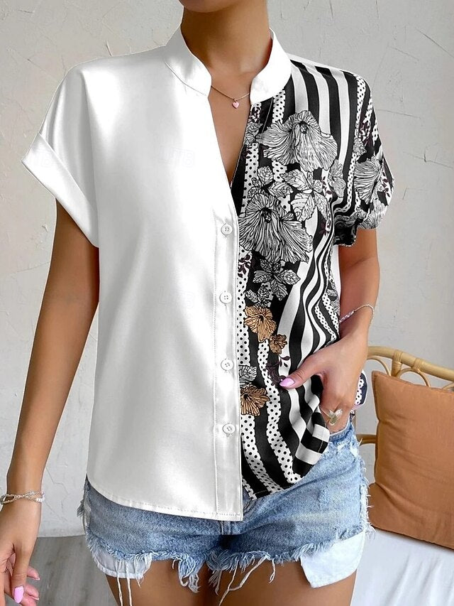 Women's Blouse Buttons Print Floral Striped Vintage Casual