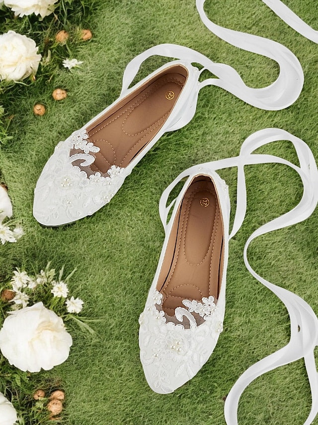 Ties Shoes Ribbon Flats Wedding Elegant - Lace Bridal with White