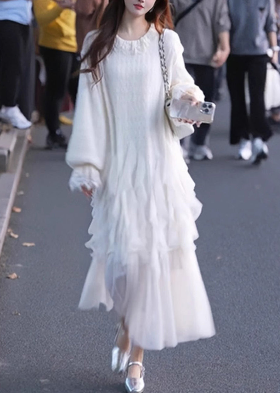 Elegant White Sleeve Patchwork Butterfly Tulle Solid Dresses Maxi