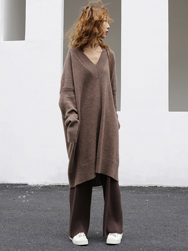 Stylish Loose Camel V-Neck Long Sleeve Sweater Dress QX006