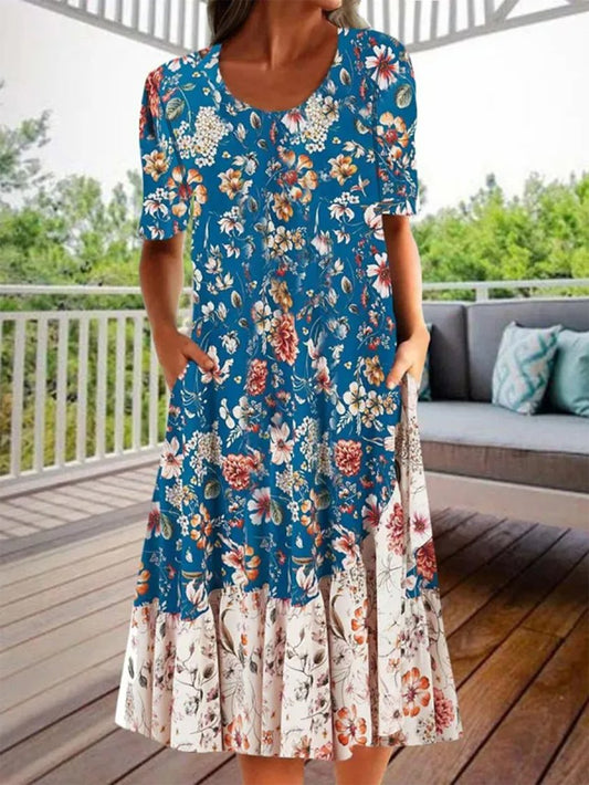 Robe décontractée à col ras du cou et à fleurs cc4