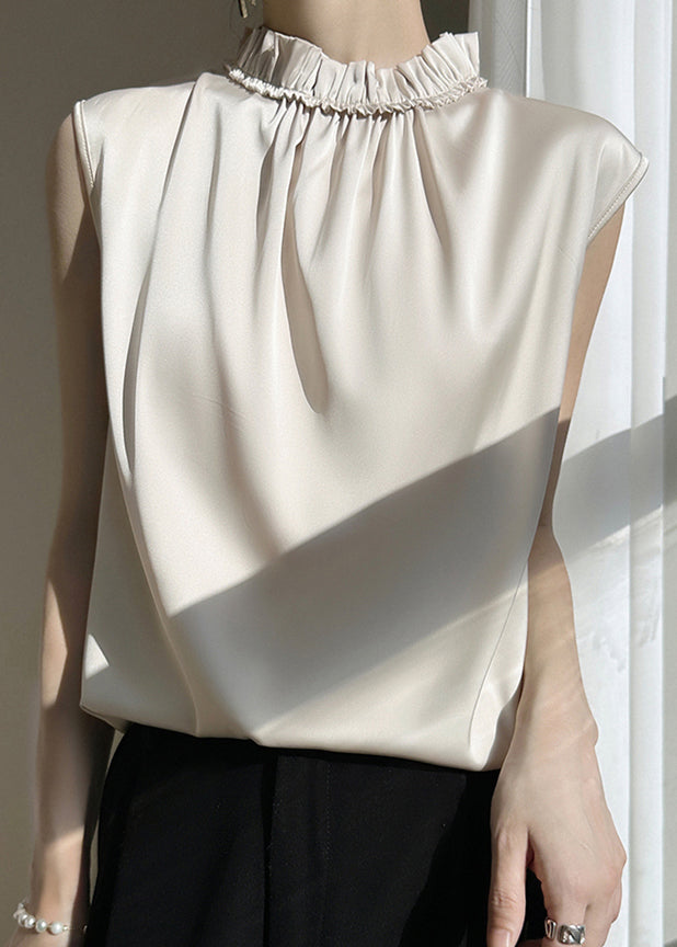 Champagne Solid Silk Tops Ruffled Summer TT1022