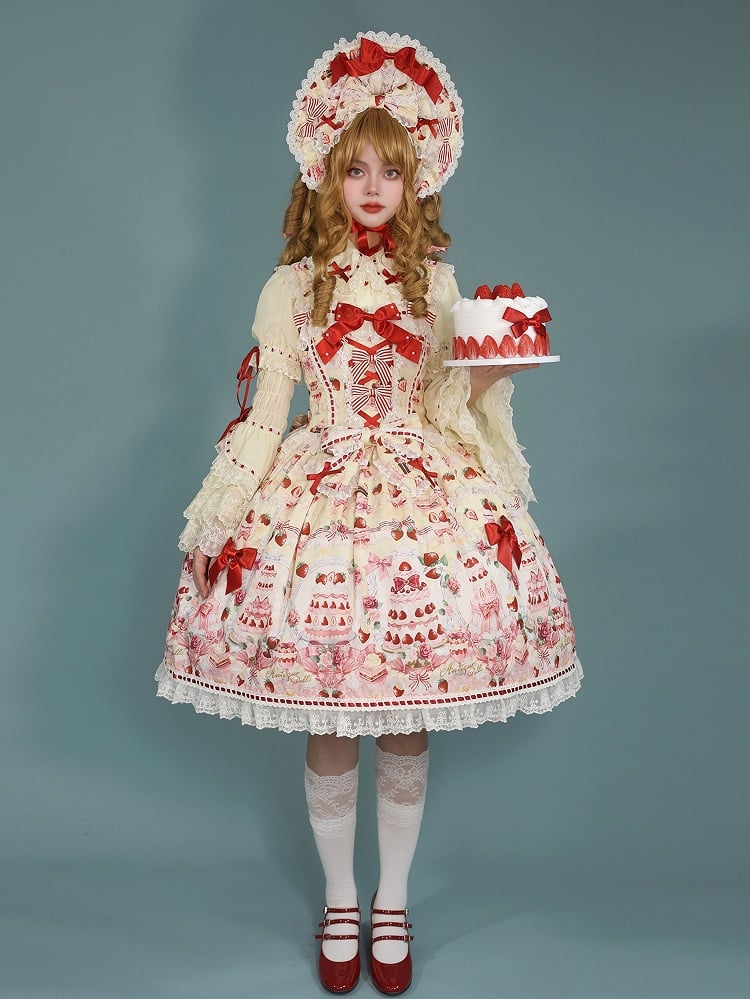 Bow Set Accents Print Yellow JSK Desserts / Sweet Strawberry Full and Lolita