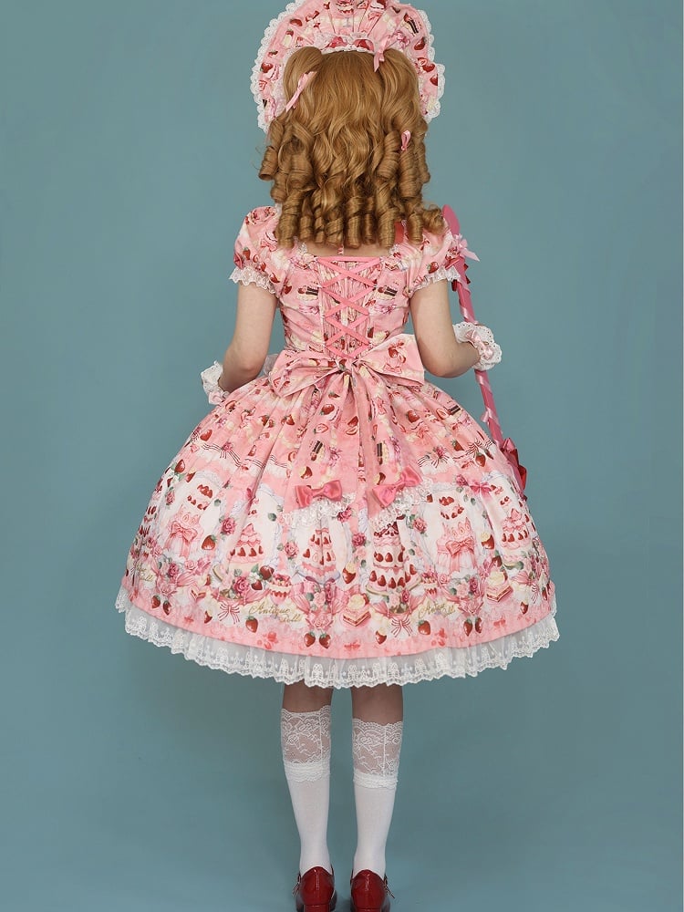 Strawberry Lolita Pink Bow Set Dress Print Cake Full Sweet Accents /