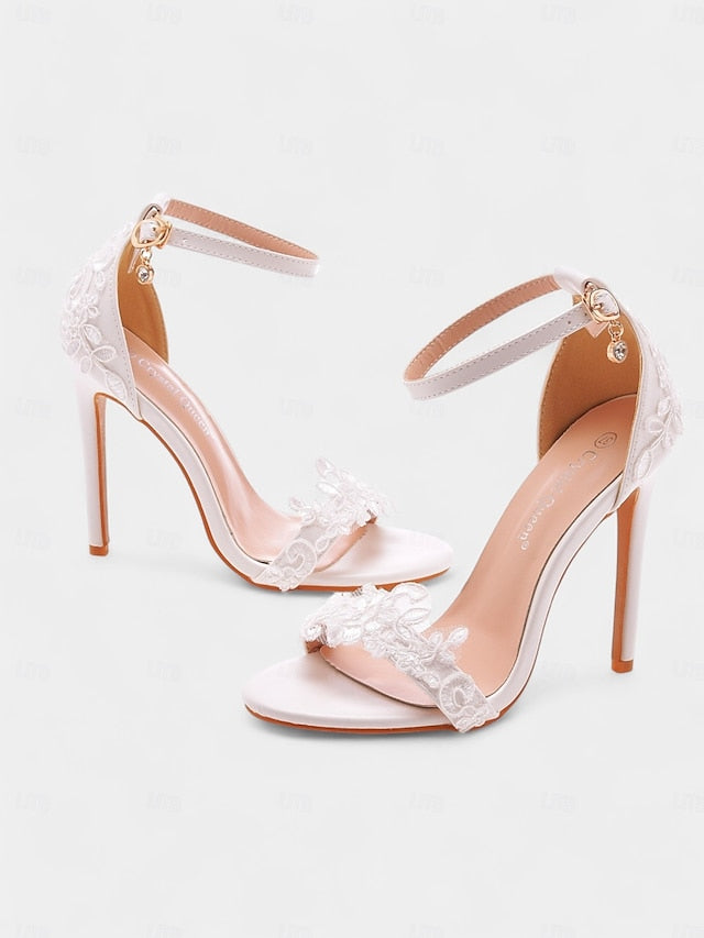 Stiletto Women's with Strap Ankle Lace Wedding Heels White
