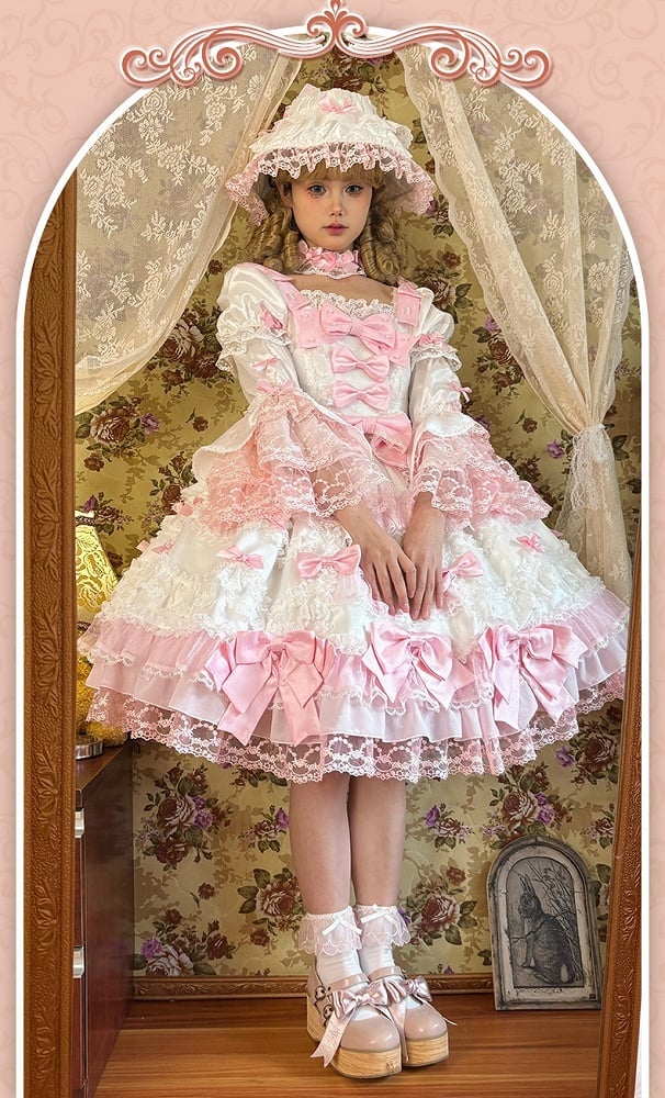 Dress Sweet Princess Pink Lolita with Detachable Bow Accents Sleeves Waist High White