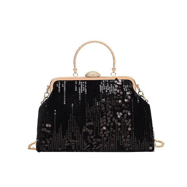 Women's Ivory Sequin Top Handle Clutch with Chain Strap,