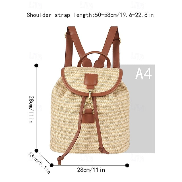– Women Woven Boho Bag with Rattan for Travel Straw Backpack