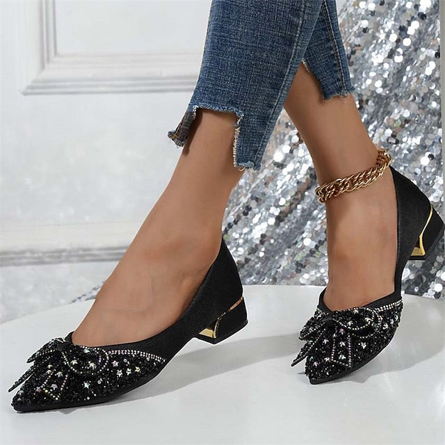 with Rhinestone - Flats Women's Elegant Bow Glitter Detail