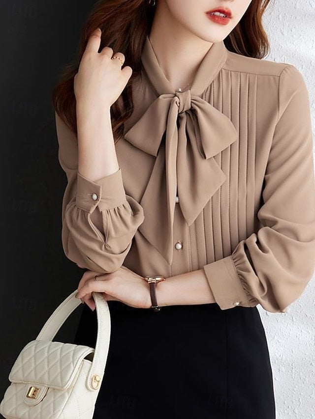 Women's Shirt Blouse Chiffon Tops Pleated Buttons Plain