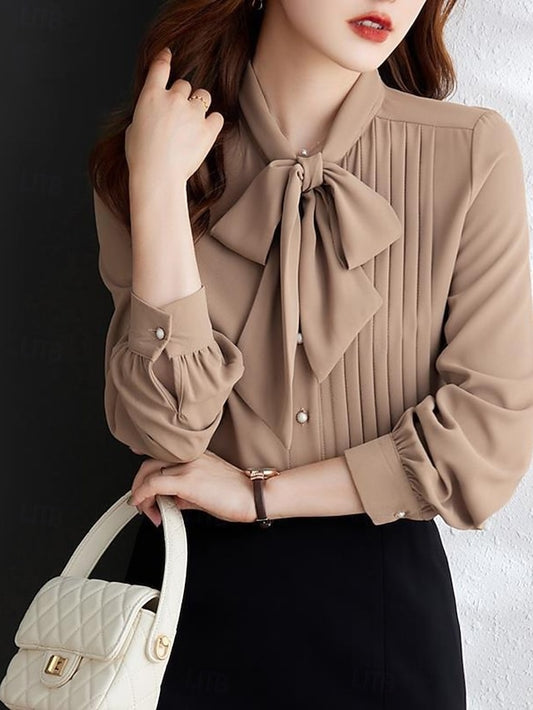 Women's Shirt Blouse Chiffon Tops Pleated Buttons Plain