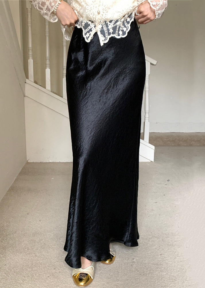 Boutique Black Side Open Solid High Waist Silk Maxi Skirts Fall QP060