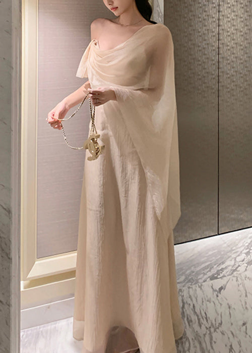 Maxi Summer Dresses Solid Asymmetrical Apricot Silk Elegant