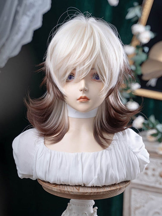 43CM With Wig Length Short Ouji White Hair Ombre And Brown Air Color Bangs