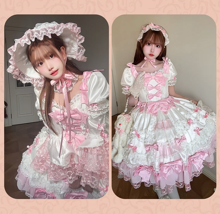 Dress Sweet Princess Pink Lolita with Detachable Bow Accents Sleeves Waist High White