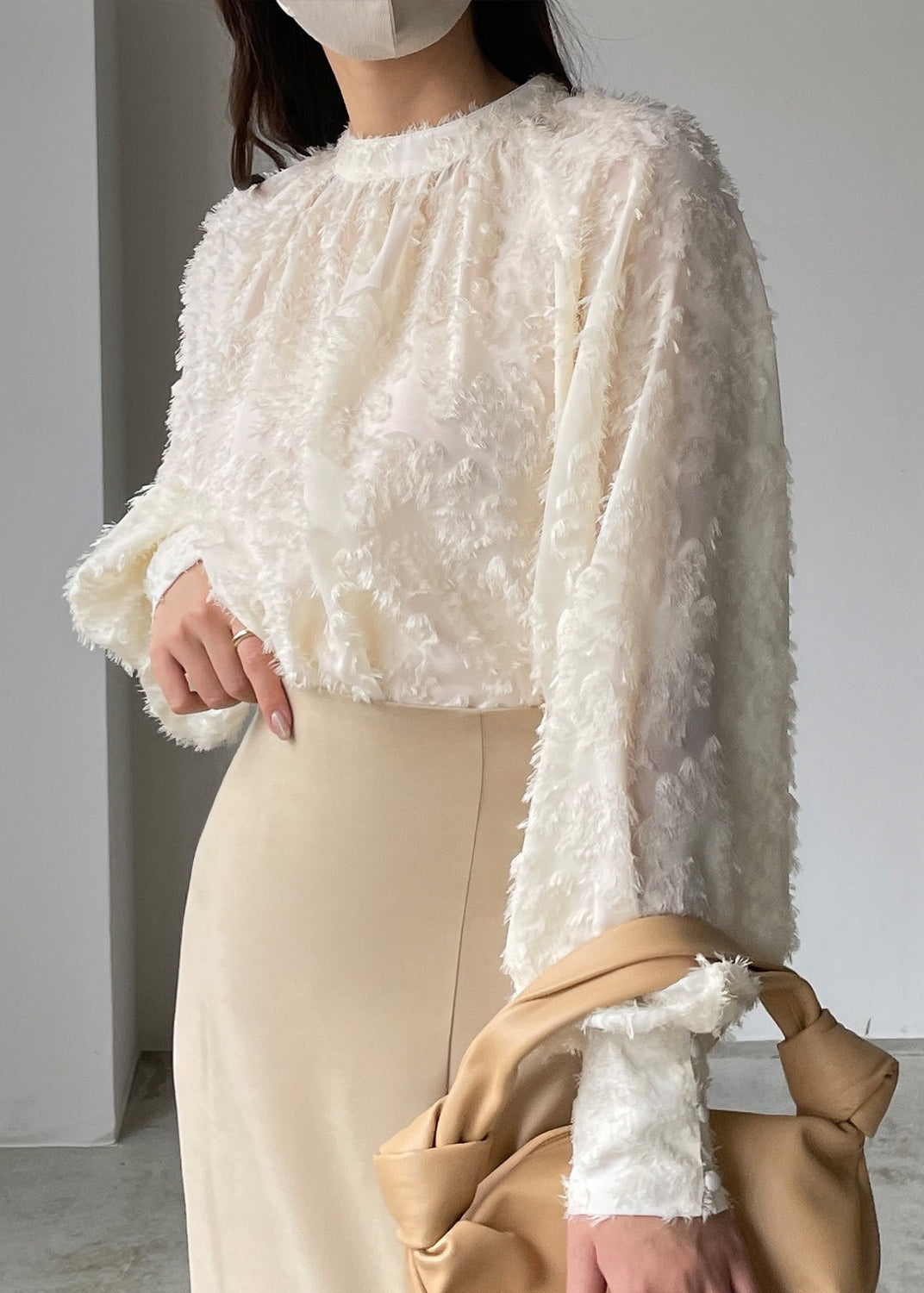 Top Classy Tasseled Beige Shirt Lantern Chiffon Sleeve