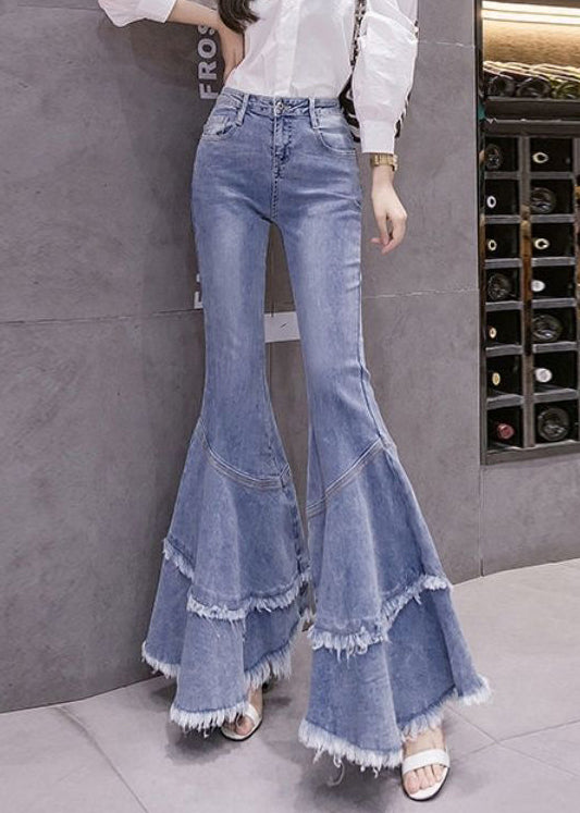 Denim Stylish Patchwork Spring Flared Trousers Tasseled Blue