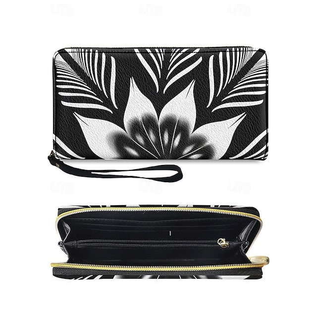 Floral Black Women's Wallet Faux White and Print –