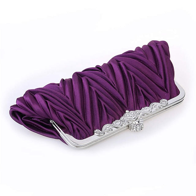 Women's Pleated White Elegant Evening Satin Clutch –