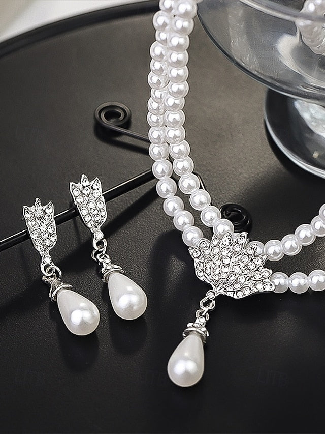 Double-Layer – Elegant Pearl Bridal  Necklace Set Jewelry