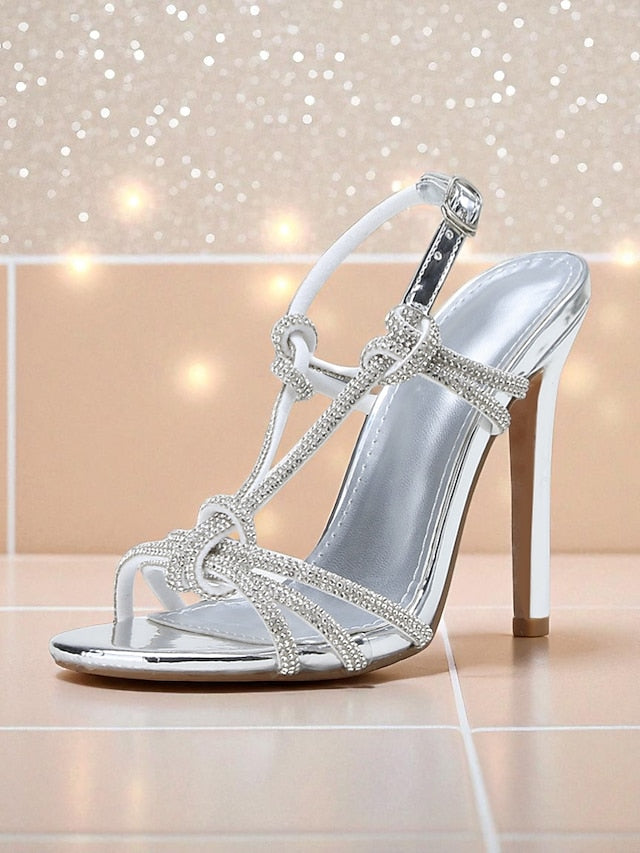 Square Stiletto Strappy Women's Rhinestone Heels with Toe